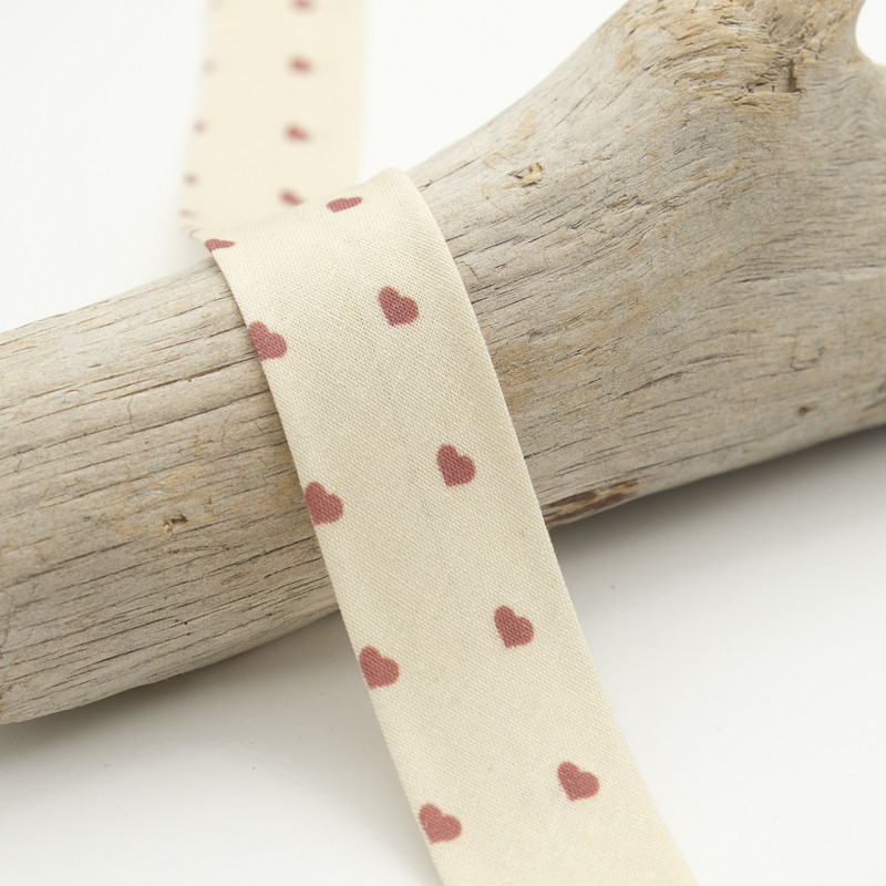 25mm Printed Bias Tape with Brown Hearts on an Ecru Background - Maison Klem
